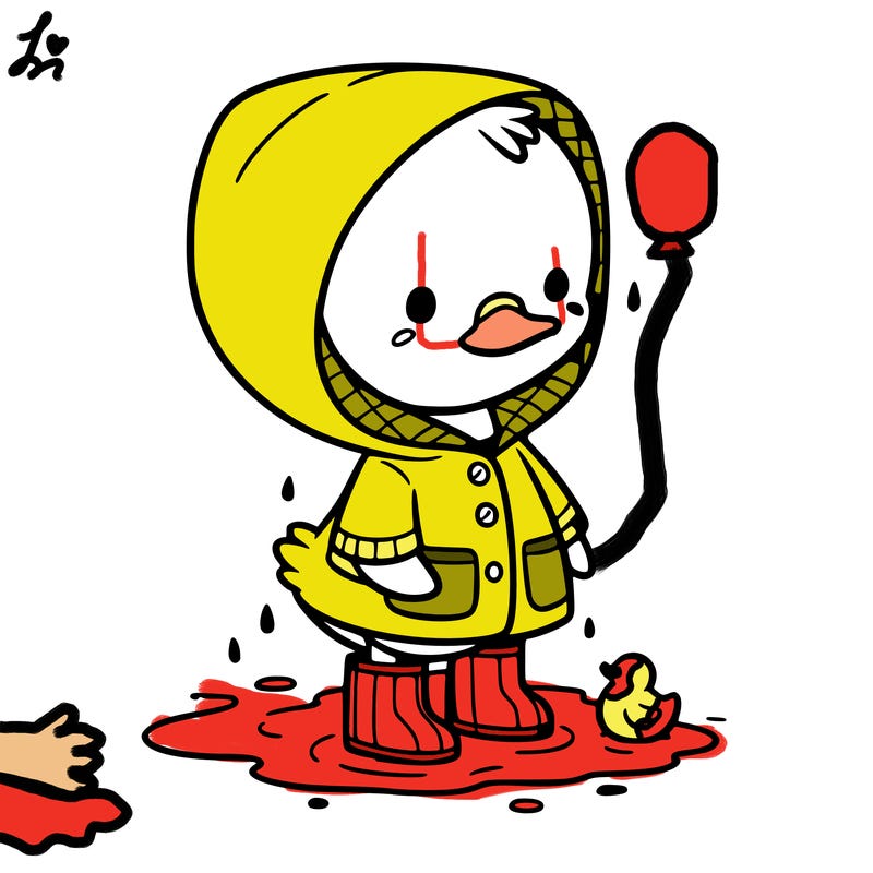 baby duck in a rain coat and boots, in a puddle while it’s raining