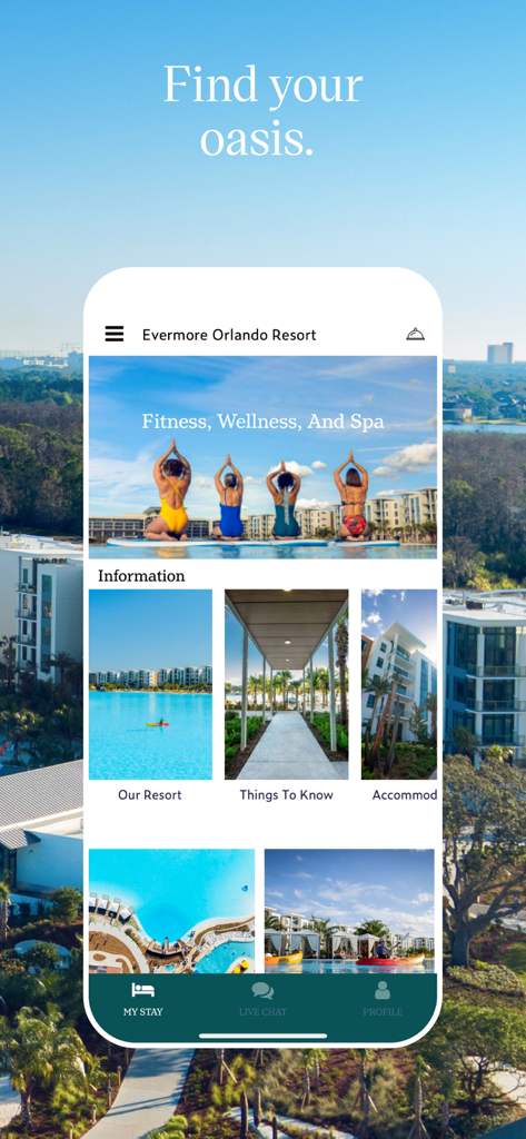 Evermore Resort - Evermore Resort mobile app home screen showing resort information and wellness services.
