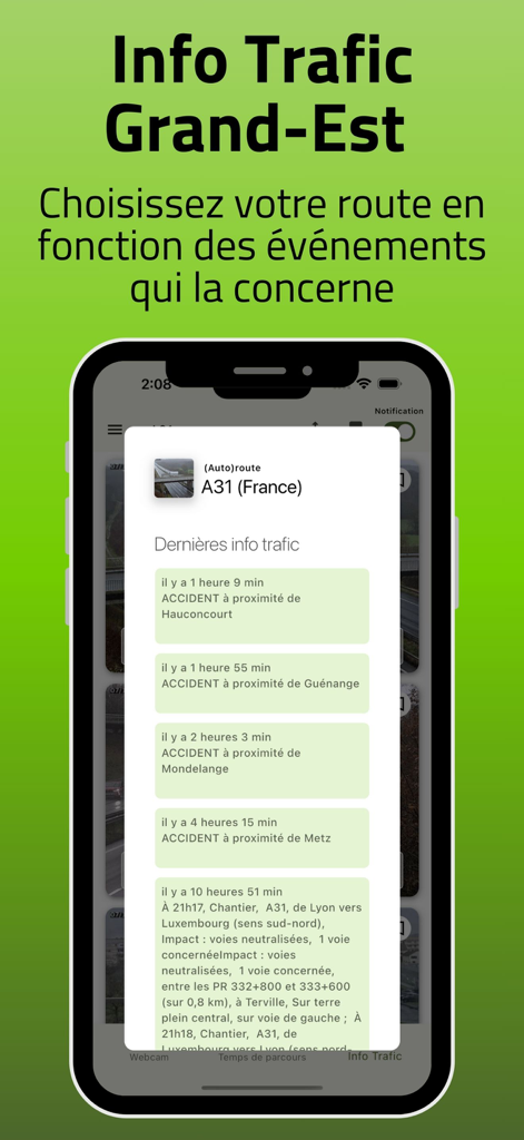Un écran de smartphone affichant les accidents de la route et les mises à jour des travaux en temps réel pour l'autoroute A31 dans la région Grand-Est.