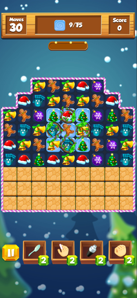 A festive match 3 puzzle board featuring Christmas trees gingerbread men and santa hats on a snowy background