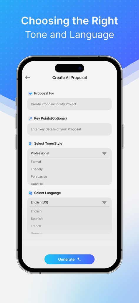 AI Business Proposal Generator - Interface móvel do Gerador de Propostas Comerciais com IA mostrando configurações para selecionar o tom e a linguagem de uma proposta de projeto