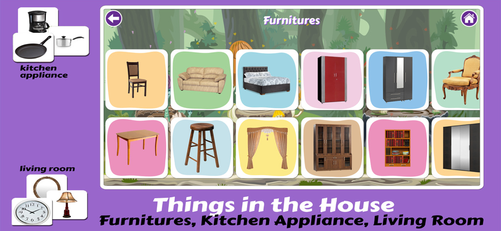 Pre K Preschool Learning Games - Educational flashcards showing various furniture items for toddlers in the Pre K Preschool Learning app