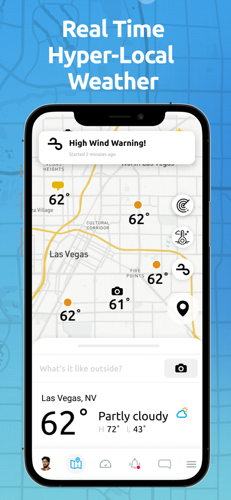 Ambient Weather Network app interface showing a real time hyperlocal weather map and current conditions
