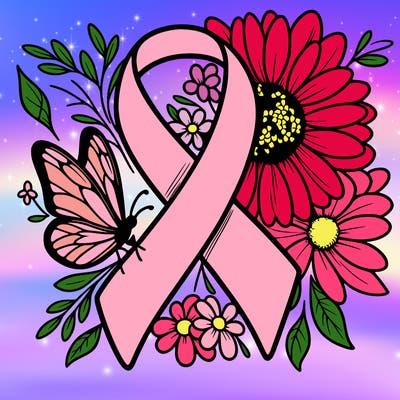 cancer awareness symbol with flowers and butterflies