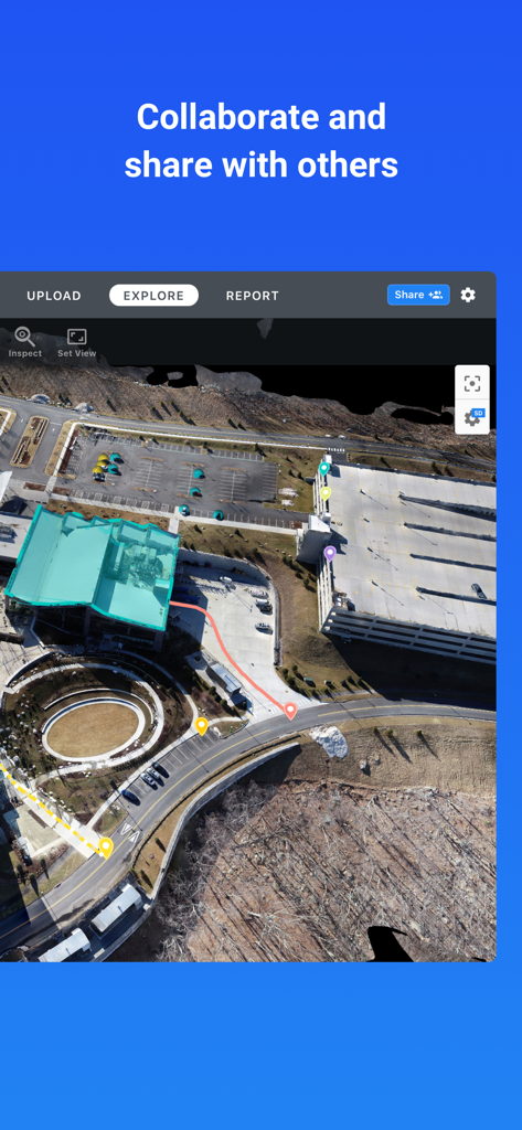 An annotated aerial drone map showing a construction site for team collaboration in the DroneDeploy app