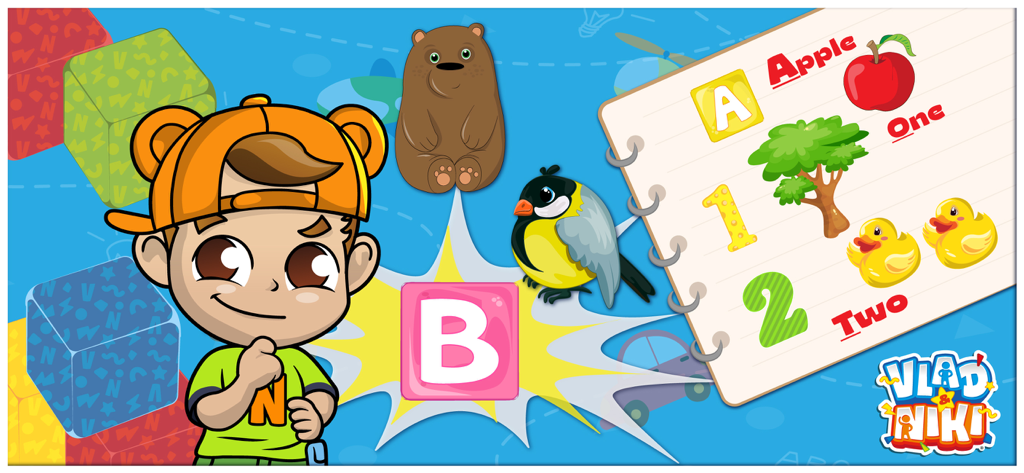 Educational screen from Vlad and Niki Piano app featuring letters, numbers, and cartoon characters.