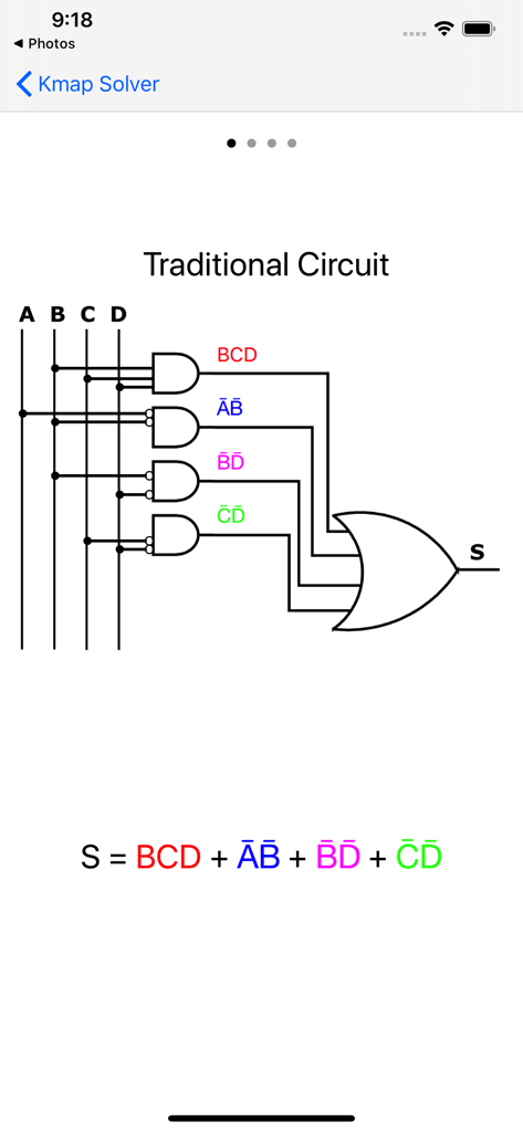Kmap Solver - A digital logic circuit diagram showing AND gates connecting to an OR gate with the resulting simplified Boolean expression.
