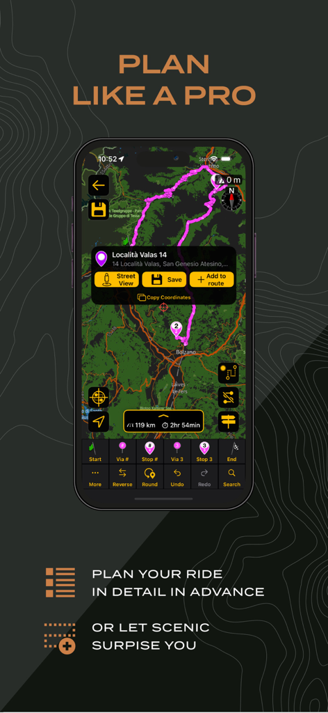 A smartphone displaying the Scenic motorcycle navigation app with a detailed route map and planning tools.