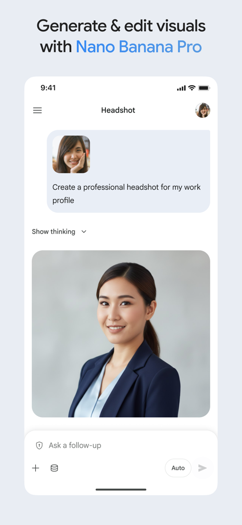 Interfaz de la aplicación Google Gemini Enterprise que muestra una foto de perfil profesional generada por IA para un perfil de trabajo.
