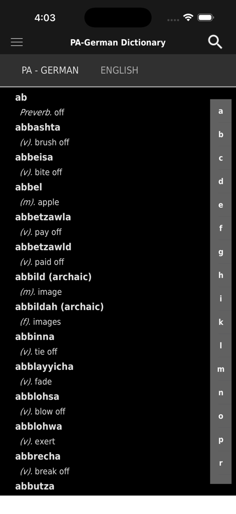 PA-German Dictionary - Écran de l'application Dictionnaire PA-Allemand montrant des traductions de mots Pennsylvanie German vers Anglais en mode sombre