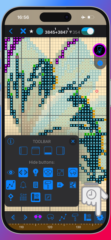 Cross Stitch Saga - Barra de herramientas personalizable y vista de patrón en la aplicación de bordado Cross Stitch Saga