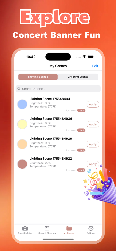 Snorg - Interfaz de la aplicación móvil Snorg que muestra una lista de escenas personalizadas de iluminación y vítores para pancartas de conciertos e iluminación de creadores.