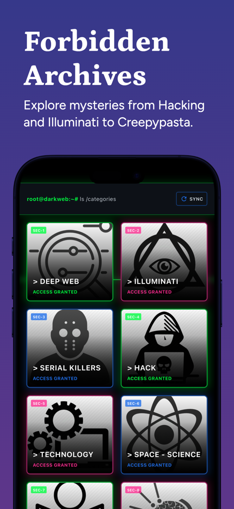 Mobile app interface titled Forbidden Archives showing content categories like Deep Web, Illuminati, Serial Killers, and Hack.