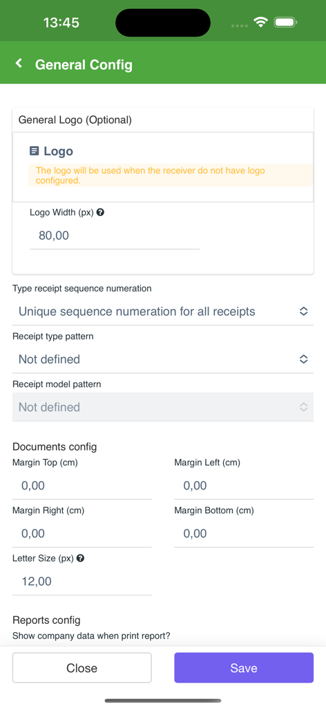 Receipt Generator v2 - General settings screen for customizing receipt logos margins and document layout