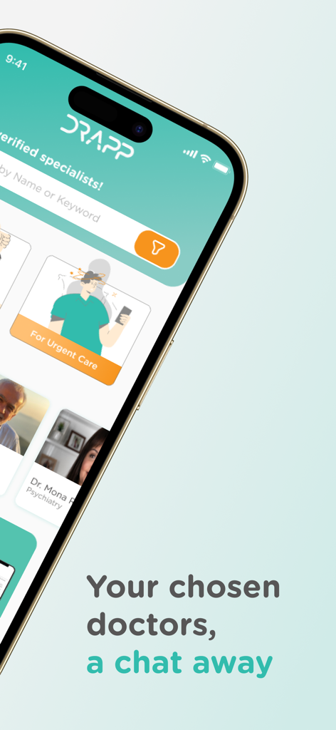 Mobile Ansicht der DRAPP Telemedizin App mit medizinischen Spezialisten und Notfallversorgungsoptionen
