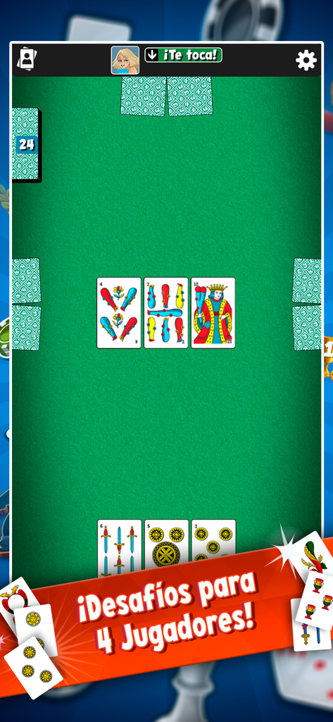 Escoba Más - Juegos de Cartas - Mesa de juego de cartas española digital que muestra un desafío de cuatro jugadores en Escoba Más.
