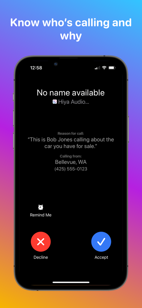 Hiya: Spam Blocker & Caller ID - Schermata di chiamata in arrivo sull'app Hiya che mostra l'identificazione del chiamante e il motivo della chiamata