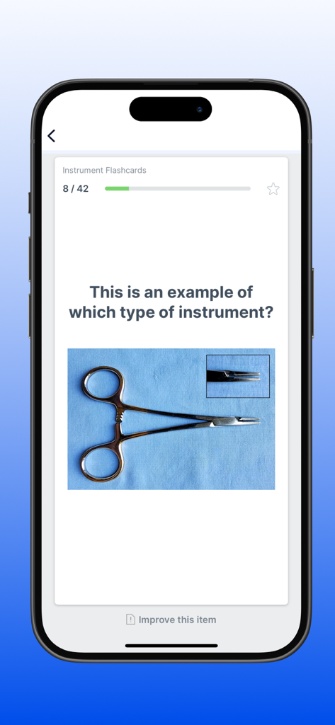 Surgical Technologist Mastery - Flashcard d'identification d'instrument chirurgical dans l'application de préparation à l'examen CST.