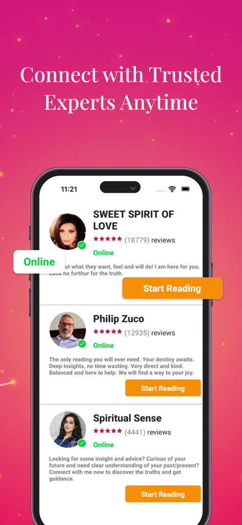 Psychic Reading Prediction - Interfaz de aplicación móvil que muestra una lista de expertos psíquicos confiables en línea con calificaciones de usuario y botones para iniciar lectura