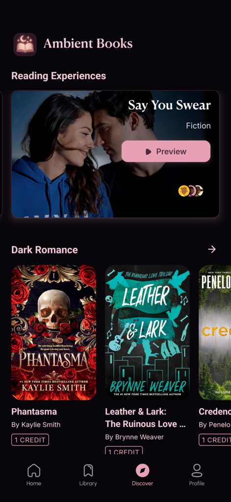 Ambient Books: Video Novels - The home screen of the Ambient Books app showing featured reading experiences and a selection of dark romance novels.