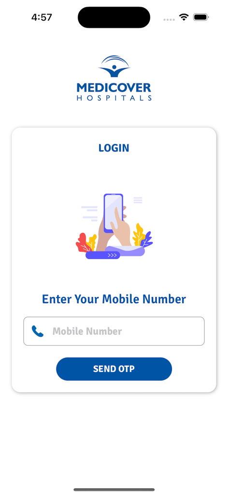 Login screen of the Medicover Hospitals app featuring a mobile number input field and a send OTP button