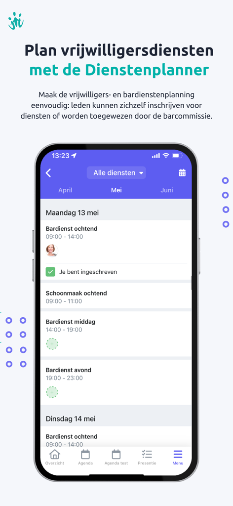 ClubApp - Mobile app screen showing a daily schedule for volunteer bar and cleaning shifts.