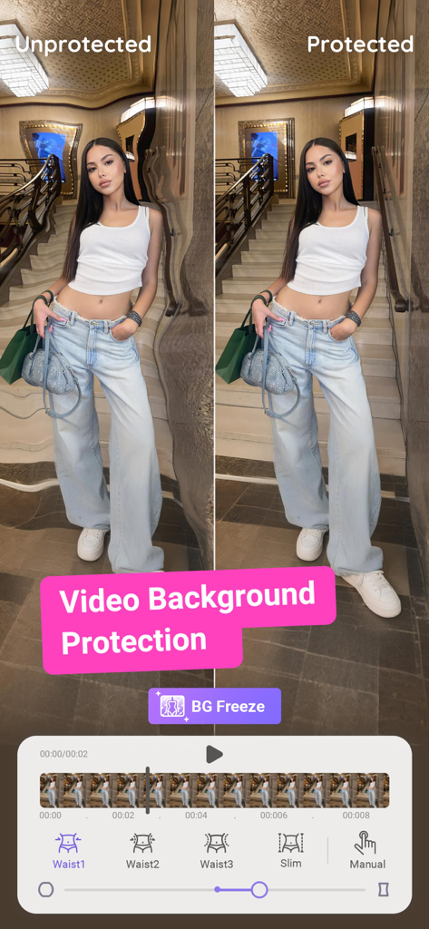 Seitenvergleich der Funktion zum Schutz des Video-Hintergrunds, der keine Hintergrundverzerrung in der PrettyUp-App zeigt