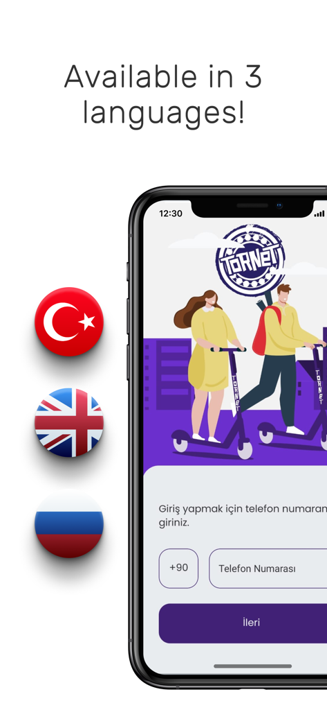 Tornet Scooter - Captura de tela do aplicativo Tornet Scooter mostrando disponibilidade em três idiomas com ícones de bandeiras turca, britânica e russa