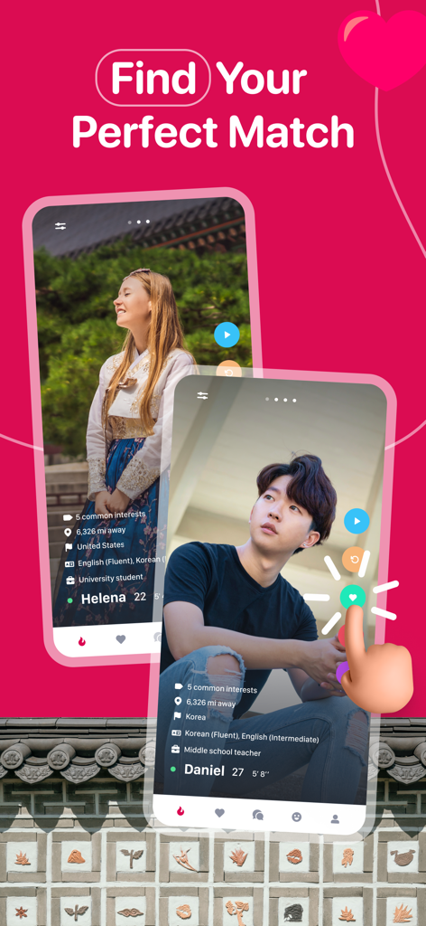 K-Dating: Korean Dating & Chat - Interface of the K-Dating app showing profile cards for potential matches Helena and Daniel with a pink background