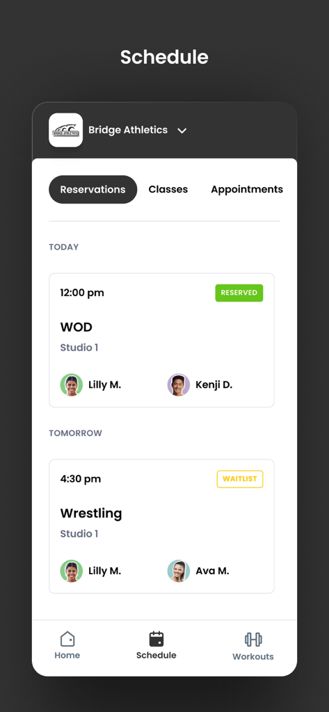 Bridge Athletics - The Bridge Athletics app schedule screen showing booked fitness classes and waitlist status.