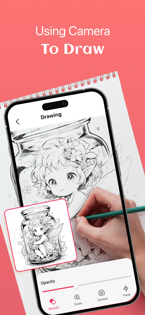 A person using a smartphone with the AR Drawing Projector Sketcher app to trace an anime character onto paper