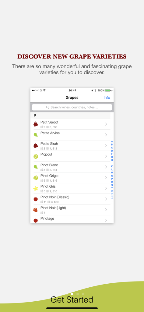 Uma lista de variedades de uvas de vinho no aplicativo Pocket Wine incluindo Pinot Noir e Pinot Grigio com ícones visuais e breves descrições.