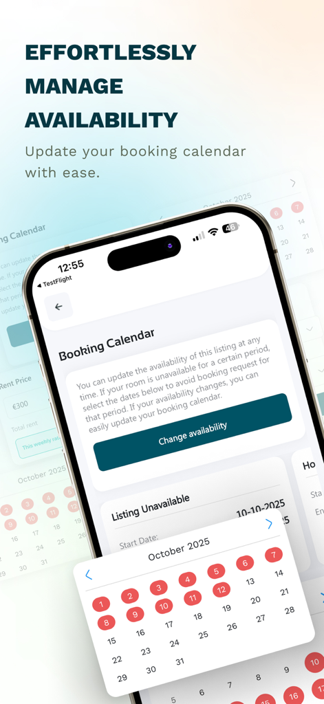 Hosting Power App-Oberfläche, die den Buchungskalender für Gastgeber zur Verwaltung der Zimmerverfügbarkeit anzeigt