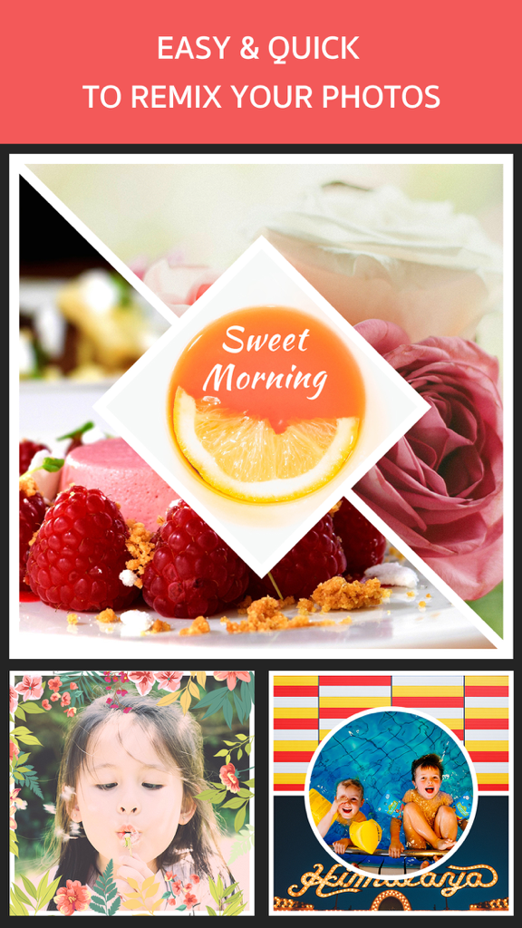Photo Frame Editor – Pic Collage Maker Free - A display of various photo collage layouts and artistic frames for personal pictures