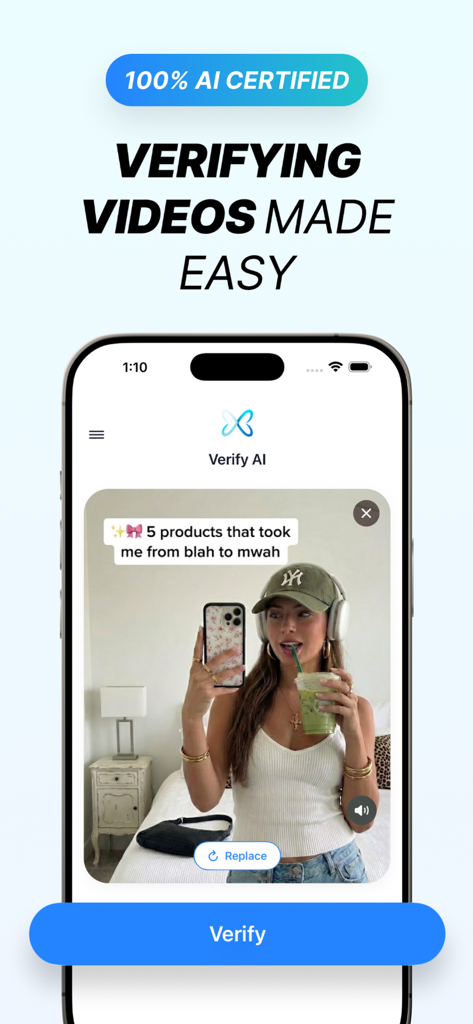 Verify AI - Photo Detector - Verify AI mobile app interface showing a video being analyzed for AI generation