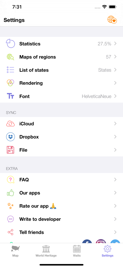 USA Travel: I've Been in US - Pantalla de configuración de la aplicación USA Travel que muestra estadísticas de viaje y opciones de sincronización en la nube.