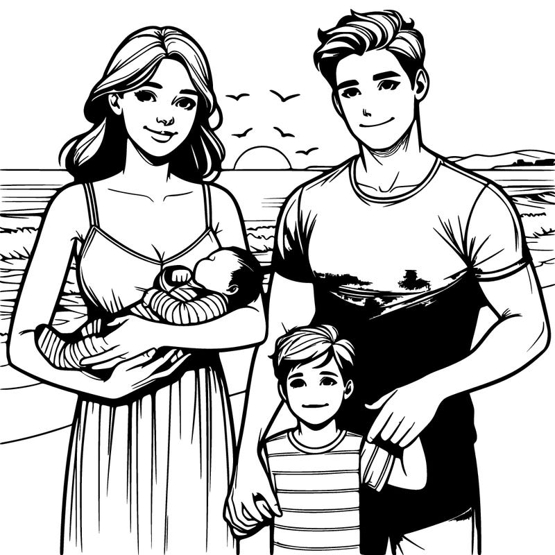 pic of women holding newborn baby boy next to the husband holding a three year old son all of them walking on a beach all realistic