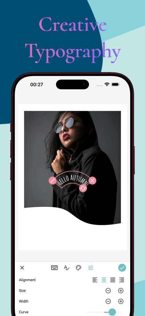 Pic Collage: AI Layout Maker - Pic Collage app interface showing creative curved text tool on a photo of a woman