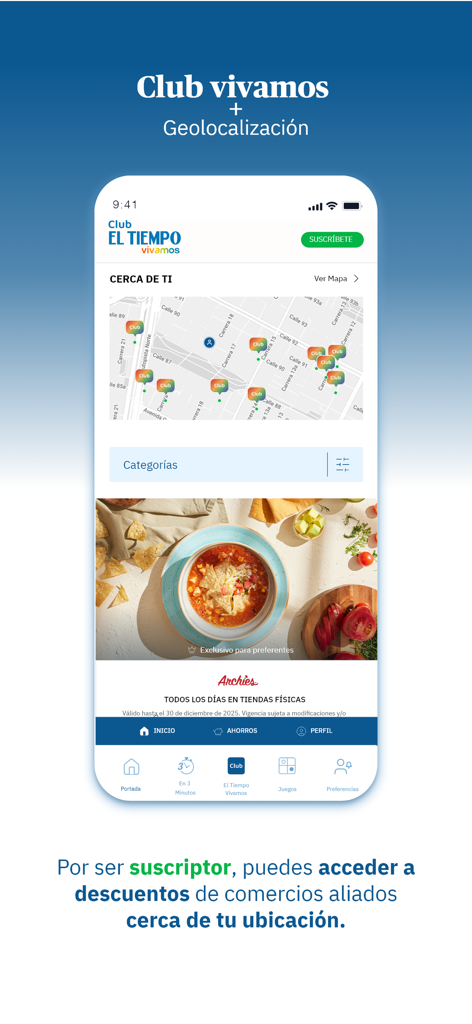 Periódico EL TIEMPO - Noticias - Map interface of the El Tiempo app showing subscriber discounts at nearby partner businesses through geolocalization
