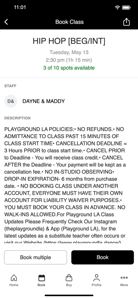 Playground LA - A screen from the Playground LA app showing details for a beginner to intermediate Hip Hop dance class including schedule and booking options