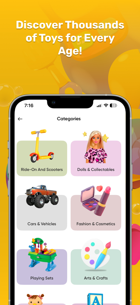 Dabdoob app interface showing toy categories including dolls scooters and craft sets