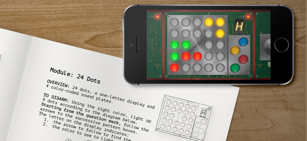 A smartphone showing a bomb defusal puzzle module next to a printed manual page