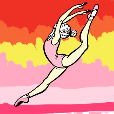 gymnast doing a leap in a leotard with a bent back leg