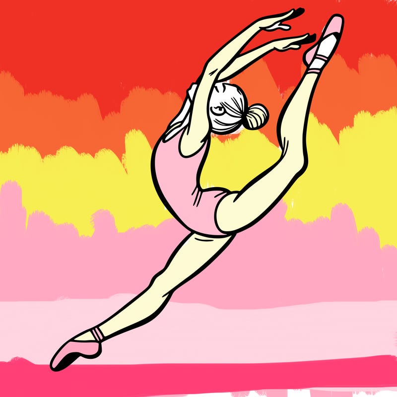 gymnast doing a leap in a leotard with a bent back leg
