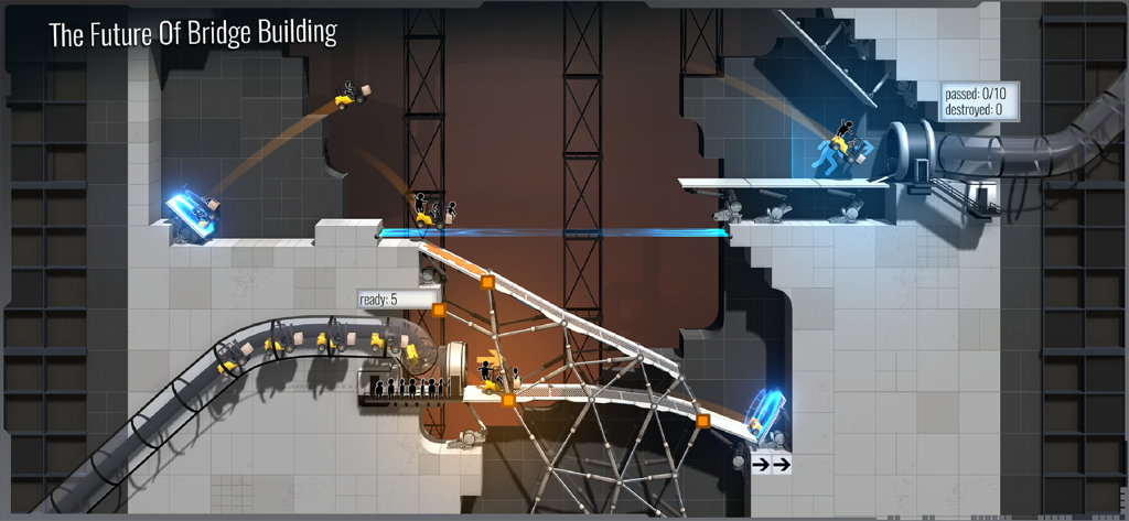 Bridge Constructor Portal - A complex bridge construction level in the Aperture Science lab featuring blue portals and vehicles.