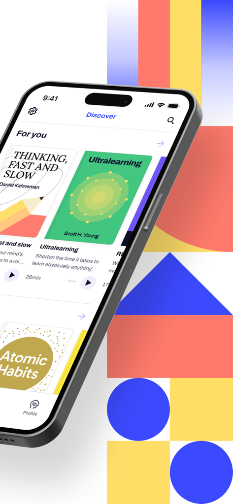Smartphone-Bildschirm, der den Entdecken-Bereich der 4books-App mit Buchzusammenfassungen wie "Schnelles Denken, langsames Denken" und "Atomic Habits" zeigt