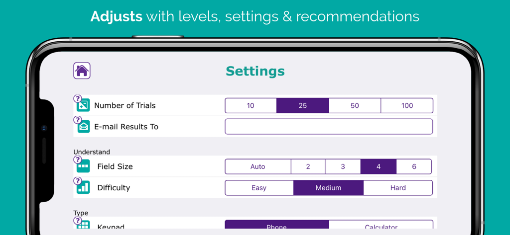 Einstellungsbildschirm der Number Therapy App mit Anpassungsoptionen für Versuchszählungen und Schwierigkeitsgrade.