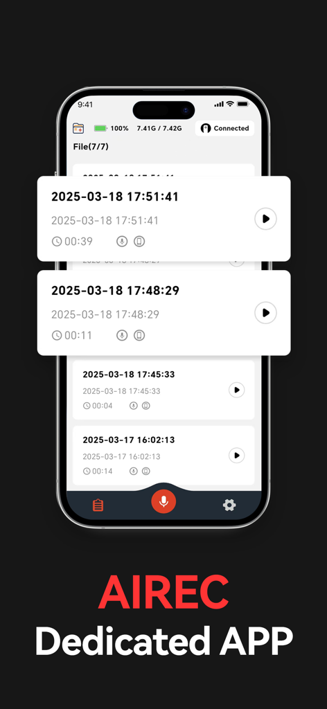 AIREC app interface showing a list of voice recordings with timestamps and playback controls on a smartphone screen