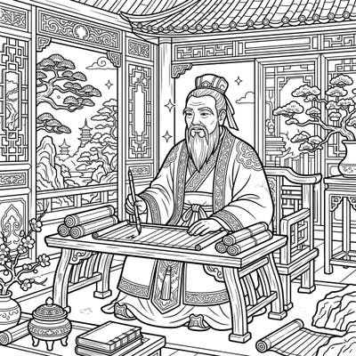 Delve into the rich history of ancient China with this exquisite Confucius coloring page, presenting the revered philosopher in a beautifully detailed full-scene setting. This intricate illustration invites you to unwind and explore your creativity while honoring a figure of immense wisdom.