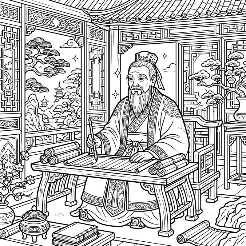 Delve into the rich history of ancient China with this exquisite Confucius coloring page, presenting the revered philosopher in a beautifully detailed full-scene setting. This intricate illustration invites you to unwind and explore your creativity while honoring a figure of immense wisdom.